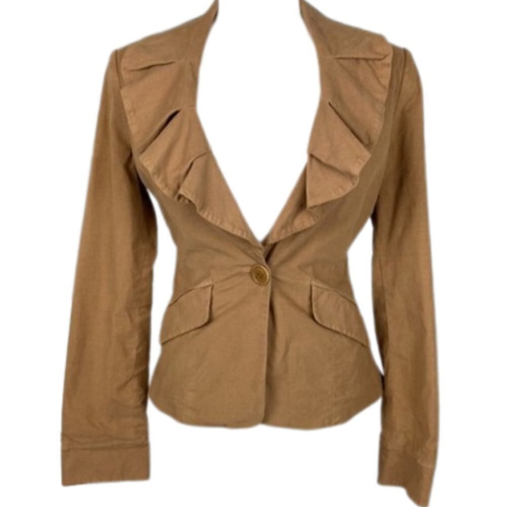 BCGBMaxAzria Tan Brown Ruffle Collar Single Button Cotton Blazer Jacket Sz S